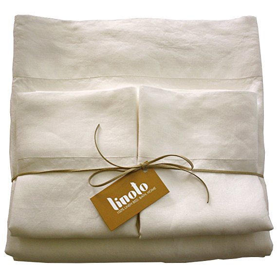 Linoto 100% Linen Bed Sheet Set 4 Piece, Cal-King, Ivory