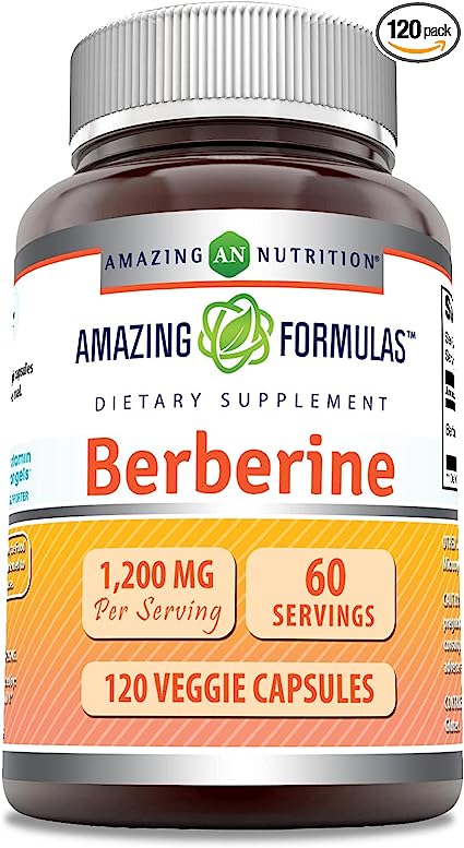 Amazing Formulas Berberine 1200 mg Per Serving 120 Veggie Capsules Supplement | Non-GMO | Gluten Free | Made in USA | Ideal for Vegetarians