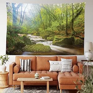 Ambesonne Woodland Tapestry King Size, Forest Scene at Golitha Falls Nature Reserve on the River Fowey Cornwall England, Wall Hanging Bedspread Bed Cover Wall Decor, 104" X 88", Green Brown