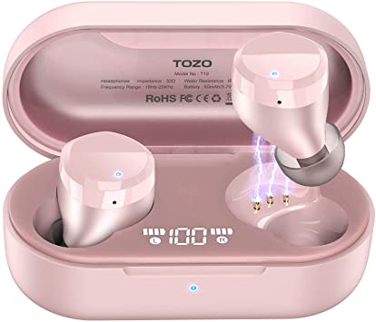 TOZO T12 Wireless Earbuds Bluetooth Headphones Premium Fidelity Sound Quality Wireless Charging Case Digital LED Intelligence Display IPX8 Waterproof Earphones Built-in Mic Headset for Sport Rose Gold