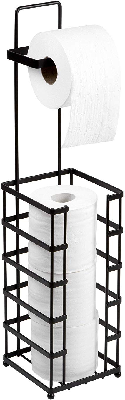 Richards Homewares Toilet Paper Holder Free Standing Storage and Bathroom Hold Jumbo and Mega Size Rolls, 5.94 x 5.94 x 25.35, Decorative Modern Black Metal and Wire Design