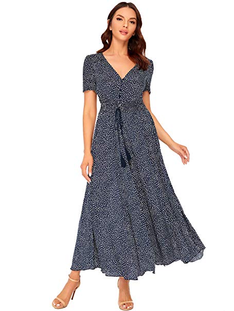 Milumia Women Floral Print Button Up Split Flowy Party Maxi Dress