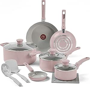 T-fal Refresh Ceramic Ceramic Non Stick Cookware Set 12 Piece Oven Broiler Safe 350F Dusty Rose