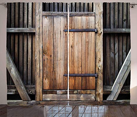 Ambesonne Antique Curtains, Rustic Antique Wooden Door Exterior Facades Rural Barn Timber Weathered Display, Living Room Bedroom Window Drapes 2 Panel Set, 108 W X 90 L Inches, Brown Orange