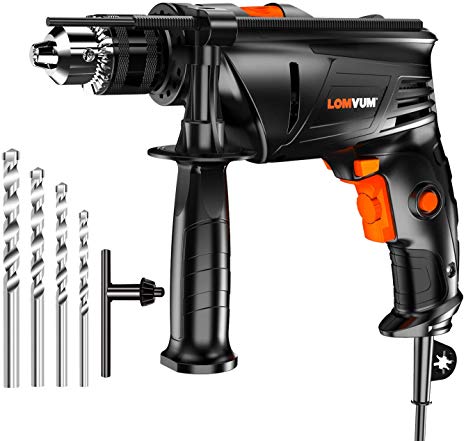 Hammer Drill, LOMVUM 1/2 In. 6.75 Amp Variable Speed dual-mode Impact Drill with 4 Drill Bit Set, 3000RPM, 360°Auxiliary Handle and Depth Gauge for Applying to Concrete, Brick, Masonry, Wood, or Steel