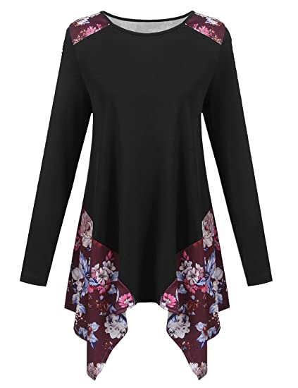 ACEVOG Women Floral Patchwork Asymmetrical Hem Long Sleeve Tunic Tops