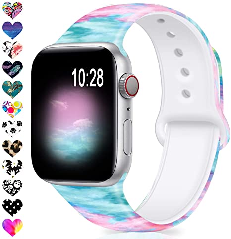 Compatible for Apple Watch Band 38mm 42mm 40mm 44mm,Silicone Fadeless Pattern Printed Replacement Floral Bands for iWatch Series 4/3/2/1,Women/Men