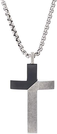 Steve Madden Mens 18" Cross Pendant Necklace in Two-Tone IP Oxidized Stainless Steel