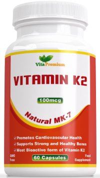 Vitamin K2 100mcg, (MK-7) - 100% MONEY BACK GUARANTEE - 60 Veggie Capsules, Promotes Strong Bones and Teeth, Supports Healthy Blood Vessels and Cardiovascular Health