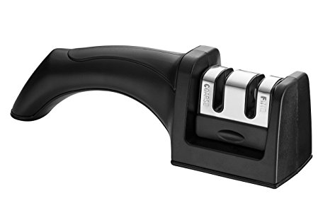 RKITCHEN Knife Sharpener for Straight Kitchen Knives - Professional 2-Stage Sharpening System - Transform Your Blunt Knives Into Razor Sharp Knives - Safety Handle and Non-Slip Base - BLACK
