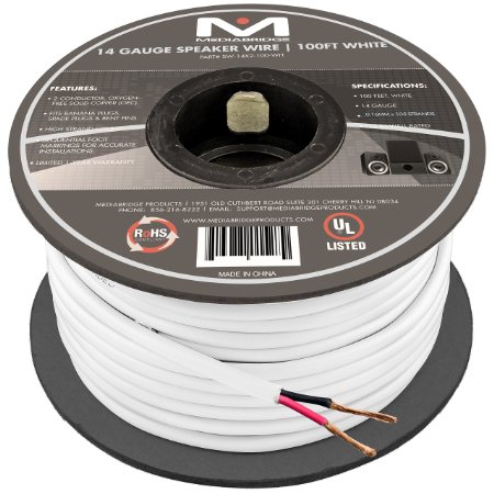 14AWG 2-Conductor Speaker Wire 100 Feet White by Mediabridge - 999 Oxygen Free Copper - UL Listed CL2 Rated for In-Wall Use Part SW-14X2-100-WH