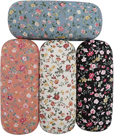 DODOGA 4 Pieces Spectacle Case Portable Hard Shell Eyeglasses Case Floral Flower Fabric Covered Clam Shell Style Eyeglass Case Spectacles Box Eyewear Protector Box for Kids, Women, Girls