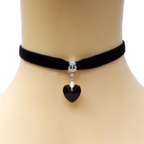 HuntGold 1X Lady Girls Velvet Choker Necklace Retro Handmade Love Heart Crystal Pendant(black)