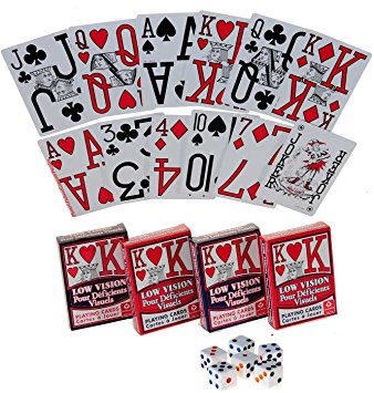 Low Vision Playing Cards _ Bundle of 4 Decks _ Bonus six white dice with colored dots