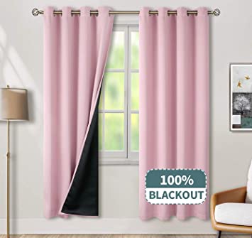 BGment Thermal Insulated 100% Blackout Curtains for Bedroom with Black Liner, Double Layer Full Room Darkening Noise Reducing Grommet Curtain (52 x 63 Inch, Baby Pink, 2 Panels)