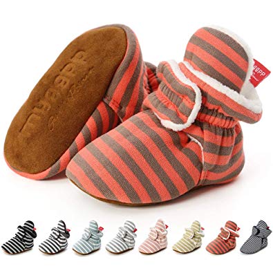 Sawimlgy Baby Boys Girls Cozy Fleece Booties Strip Socks Boots Stay On Slippers Shoe Newborn Infant Toddler Non Slip Grippers House Shoe