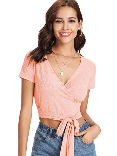 ROMWE Women's Sexy Deep V Neck Surplice Knot Front Wrap Tee Short Sleeve Solid Crop Top