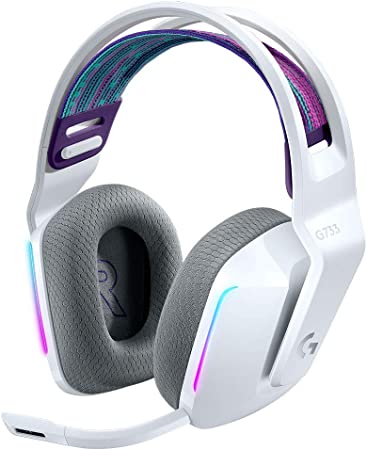 Logitech G733 Lightspeed Wireless Gaming Headset with Suspension Headband, LIGHTSYNC RGB, Blue VO!CE mic Technology and PRO-G Audio Drivers - White…