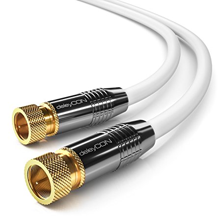 deleyCON SAT Antenna Cable 3m (9.85 ft.) Coaxial Satellite Cable Gold-plated F-type connector straight Metal Connector UltraHD FullHD HDTV - White