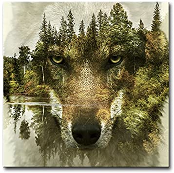 My Easy Art® Modern Canvas Painting Wall Art The Picture for Home Decoration Wolf Pine Trees Forest Water Wolf Animal Print On Canvas Giclee Artwork for Wall Decor
