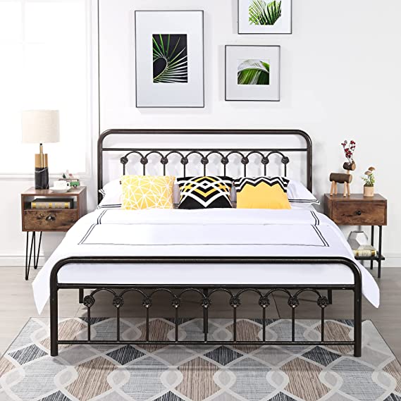 VECELO Vintage Metal Bed Frame Platform with Headboard and Footboard/No Box Spring Needed,Premium Steel Solid Sturdy Metal Slat Support (Queen, Dark Copper)