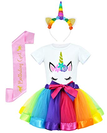 JiaDuo Girls Costume Rainbow Tutu Skirt with Unicorn Shirt, Headband & Satin Sash