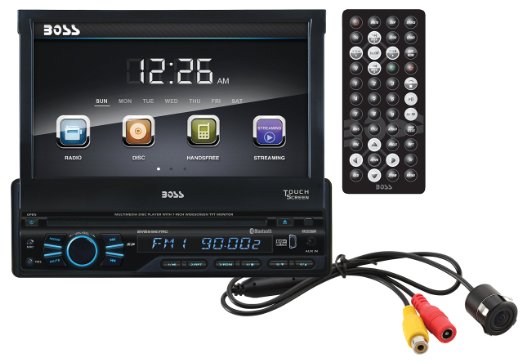 BOSS AUDIO BVB9967RC Single-DIN 7 inch Motorized Touchscreen DVD Player Receiver, Bluetooth, Detachable Front Panel, Wireless Remote and Rear camera included