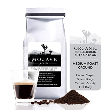 USDA Organic, Single-Origin, Shade-Grown Gayo Mountain Sumatra Coffee, Medium Roast, Ground, from Premium High-Altitude Grown Arabica Beans, Small-Batch, Fresh Roasted, 12oz Coffee Bag - Mojave Coffee