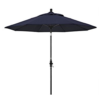California Umbrella 9' Round Aluminum Pole Fiberglass Rib Market Umbrella, Crank Lift, Collar Tilt, Black Pole, Sunbrella Navy