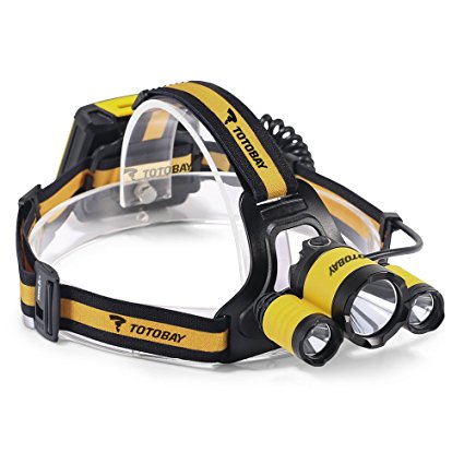TOTOBAY Headlights Super Bright Headlamp Flashlight 4 Modes Waterproof LED Head Torch Light Battery Operated Helmet Light with 3LED Lights, 90 Degree Adjustable, Zoomable Headlight for Hiking, Hunting, Camping, Fishing, Running, Riding and Other Outdoor activities(4 AA Batteries Not Included)