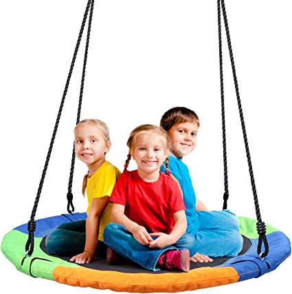 Odoland 40 inch Kids Saucer Tree Swing, Large Outdoor Chidren Round Rope Swing Installed on Tree and Backyard, Big Flying Saucer Platform Swing 660lb Weight Capacity Great for 3 Kids and 1 Adult