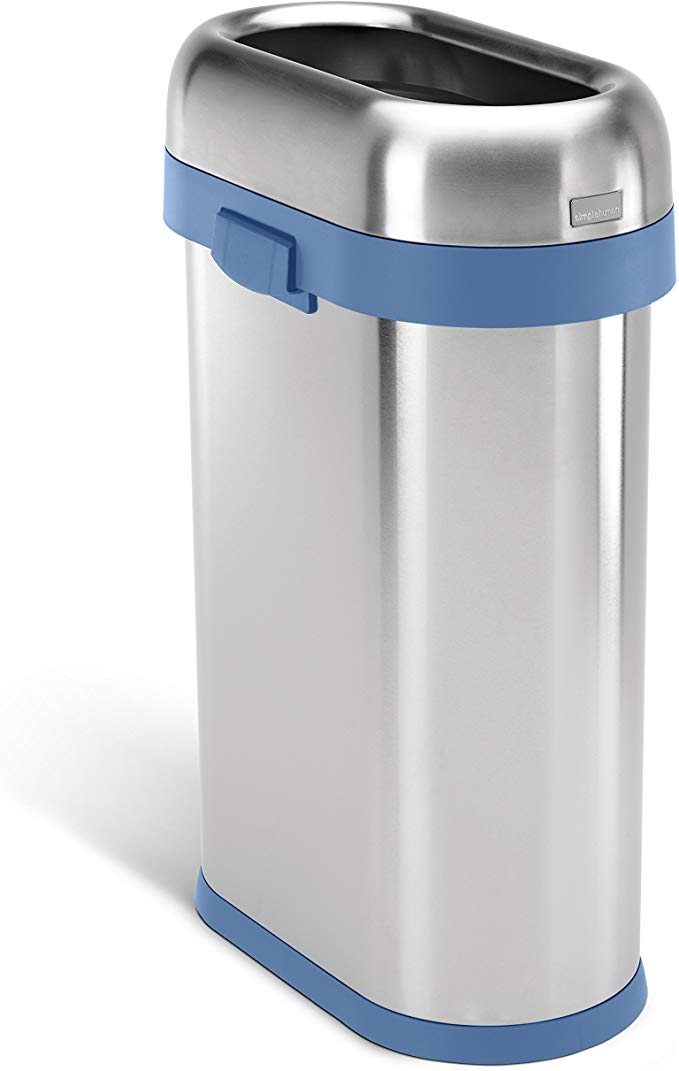 simplehuman 50 Liter / 13.2 Gallon Slim Open Top Trash Can, Commercial Grade, Heavy Gauge Brushed Stainless Steel with Blue Trim