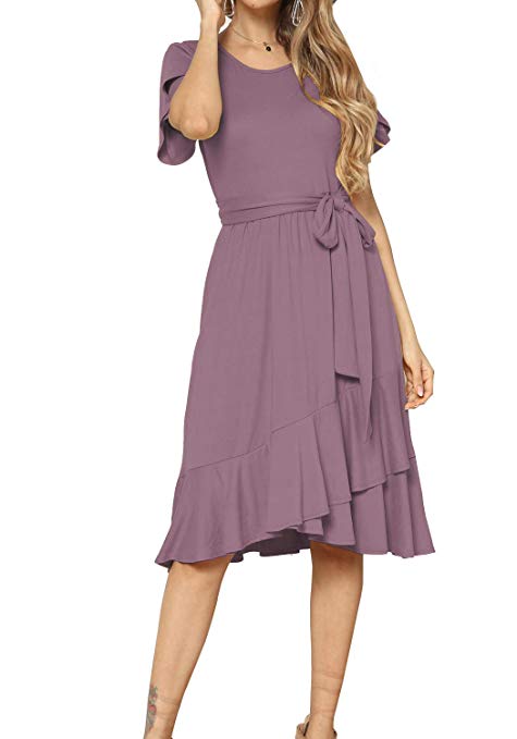 levaca Women's Plain Casual Flowy Short Sleeve Midi Dress with Belt