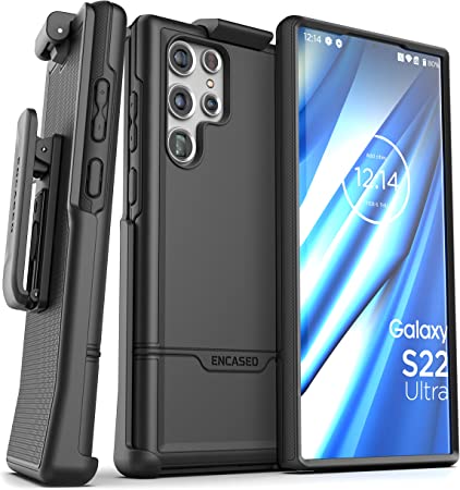 Encased Rebel Designed for Samsung Galaxy S22 Ultra Belt Clip Case, Protective Shockproof Case with Holster (Black)