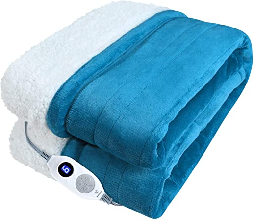 Westinghouse Electric Blanket Heated Throw Flannel to Sherpa Reversible Heating Blanket 50"x60", 6 Heat Settings & 4 Hours Auto Off, Machine Washable Teal 50x60in