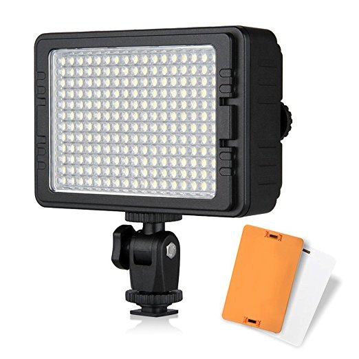 CRAPHY 204 LEDs on Video Camera LED Light with Dimmable Panel White Orange Filters for Canon, Nikon, Pentax, JVC DSLR DV Camcorder