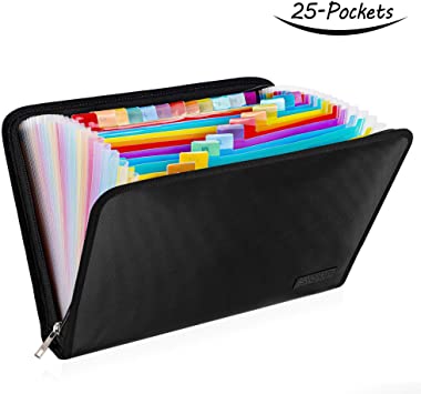 ENGPOW Expanding File Folder, Fireproof File Organizer with 25 Colored Pockets,Labels,Zipper Closure,Fireproof and Water Resistant Safe Storage for Letter A4 Size Paper,Document,Paperwork