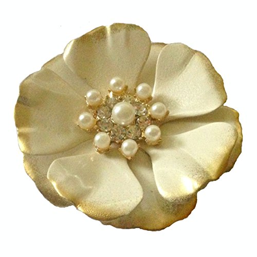 Cream and Goldtone Metal Enamel Flower Brooch