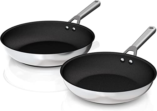 Ninja C62200 Foodi NeverStick Stainless 10.25-Inch & 12-Inch Fry Pan Set, Polished Stainless-Steel Exterior, Nonstick, Durable & Oven Safe to 500°F, Silver