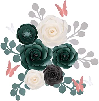 Fonder Mols Large 3D Paper Flowers Decorations for Wall (Eucalyptus Green & White, Set of 17), Wedding, Bridal Shower, Baby Shower, Nursery Decor, Centerpieces, Paper Roses Backdrop, Party, NO DIY
