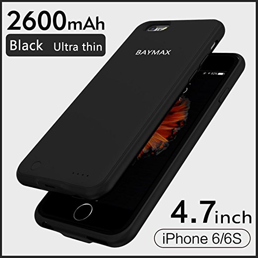 BAYMAX IPhone 6/6S Ultra Thin Battery Case,Iphone Portable Charger Iphone 6S and Iphone 6 2017 New Charging Case 2600mAh Extended Battery Pack Power Cases Juice Bank Cover(Black)