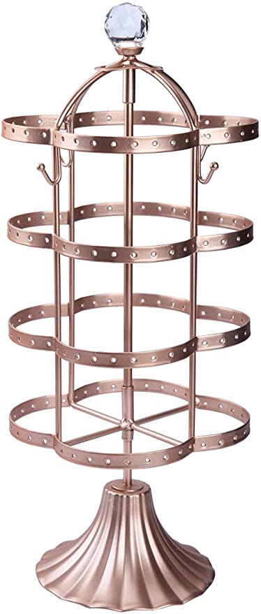 Amigas Home Modern Unique 4-Tier 14.75” Tall Black Rotating Spin Table 64 Pairs Earring Organizer, Durable Metal Necklace Stand, Antique Classic Jewelry Stand - Rose Gold