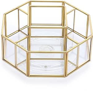 Hipiwe 360 Degree Rotating Glass Makeup Organizer- 5 Slots Gold Metal Cosmetic Storage Display Holder Octagon Dresser Bathroom Spinning Vanity Organizer For Makeup Brushes, Lipsticks, Perfume