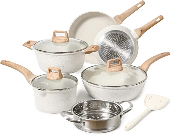 Carote Nonstick Cookware Set,10 Pcs Nonstick Cookware Set Pan and Pot,Icecream, White Granite