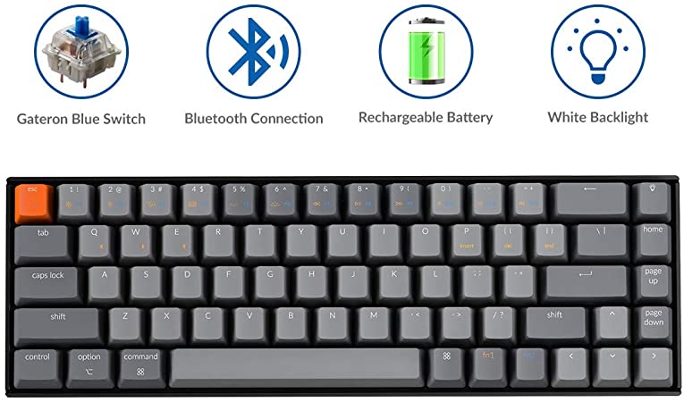 Keychron K6 Hot Swappable 65% Layout Wireless Bluetooth/Wired Mechanical Keyboard, Compact 68-Key White LED Backlight/Gateron Blue Switch/Rechargeable Battery for Mac Windows