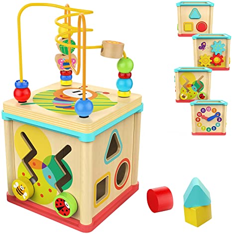 TOP BRIGHT Activity Cube Toy for 1 Year Old, Wooden Bead Maze Shape Sorter Baby Toys 12-18 Months, Gifts for One Year Old Girl Boy