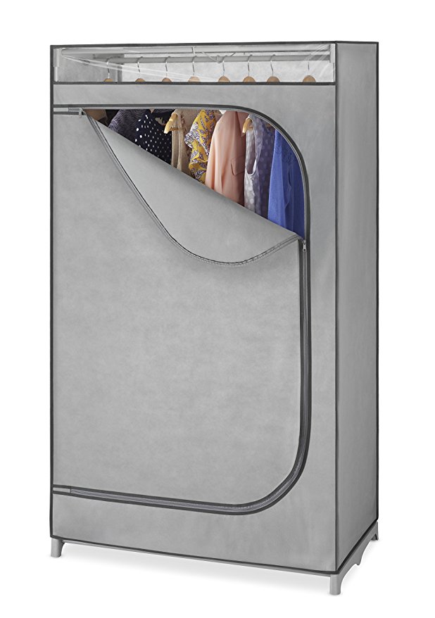 Whitmor Portable Wardrobe Clothes Closet Storage Organizer with Hanging Rack - Grey Color - No-tool Assembly - See Through Window - Washable Fabric Cover - Extra Strong & Durable - 19.75 x 36 x 64”