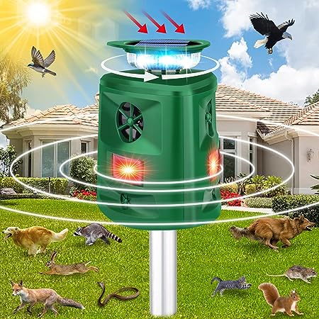 Ultrasonic Solar Animal Repeller, 360°Ultrasonic Cat Deterrent Outdoor, USB/Solar Powered Repellent, Motion Sensor & Flashing Light, Repel Dogs, Fox, Raccoon, Rabbit, Squirrels, Coyote Deterrent