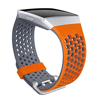 SKYLET For Fitbit Ionic Bands, Soft Silicone Breathable Replacement Wristband for Fitbit Ionic Smart Watch with Buckle (No Tracker)[Orange-Gray, Large]
