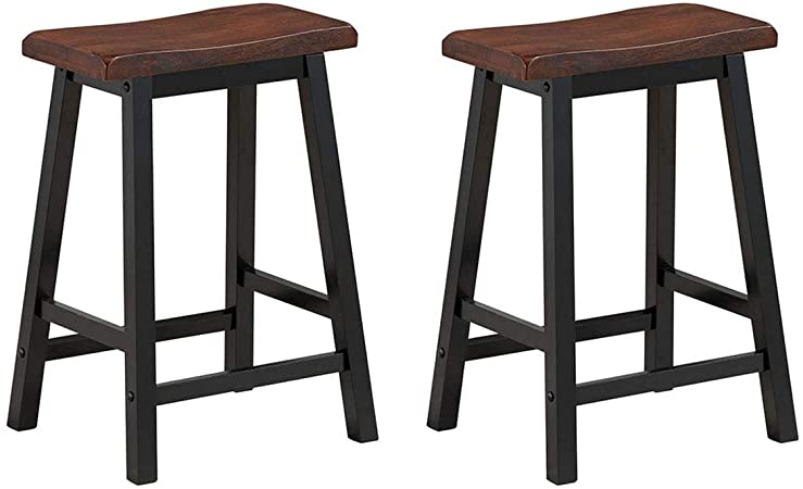 COSTWAY Saddle Seat Stools, Wood Vintage Counter Height Chairs, Modern Backless Design Indoor Furniture for Kitchen Dining Pub and Bistro, Set of 2 (24" H Brown)